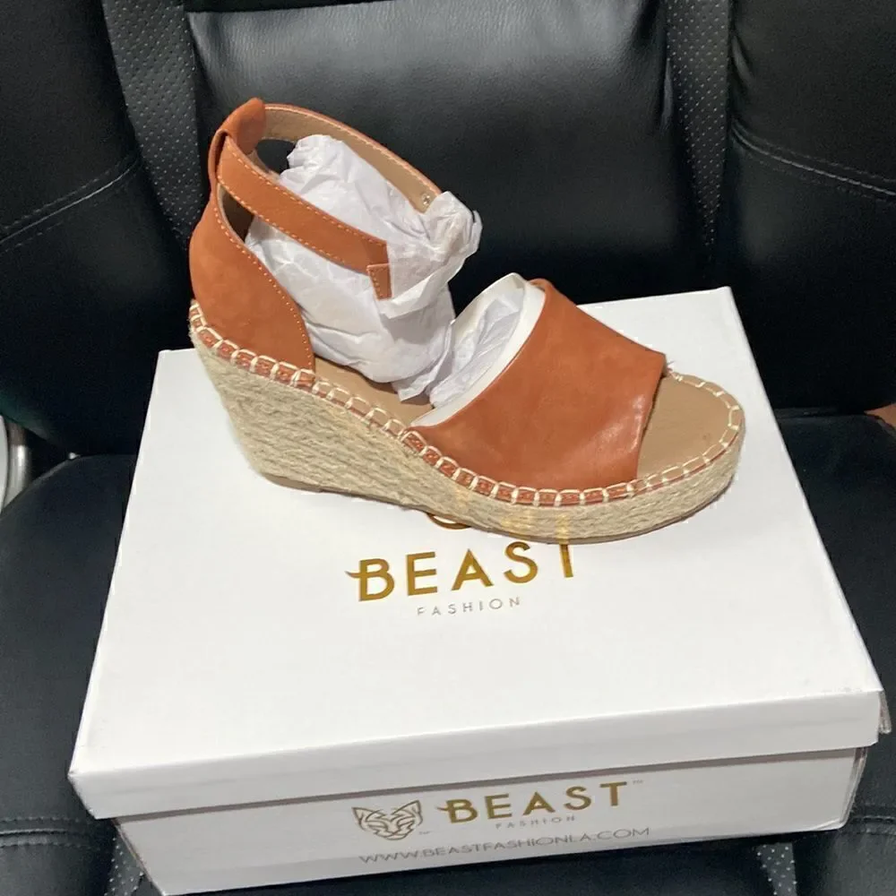 68. Beautiful Brown/Tan Faux Leather Wedges with Beige Rope detail on the Wedge